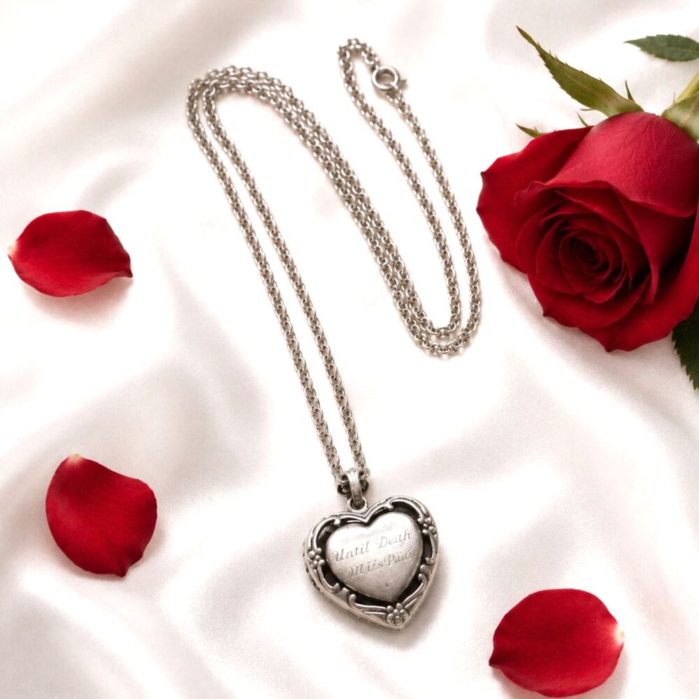 Vintage Silver Heart Locket Necklace Anniversary Engraved 20 Inch